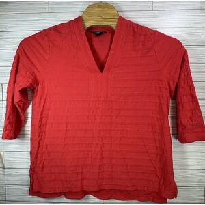 Lands End Women's Coral Orange‎ Knit Top Sz XL Braided Design V-Neck Pullover